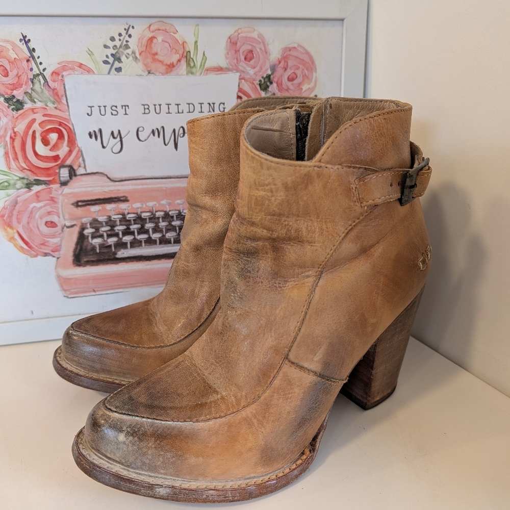 🥰GUC Bed Stu Isla Distressed Leather Zip Side Ankle Booties, Honey Tan, 6 - Picture 3 of 16